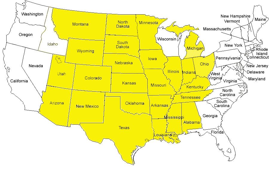 United States map of states we serve