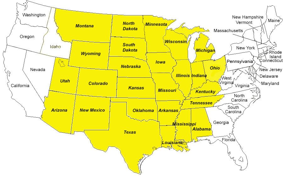 United States map of states we serve